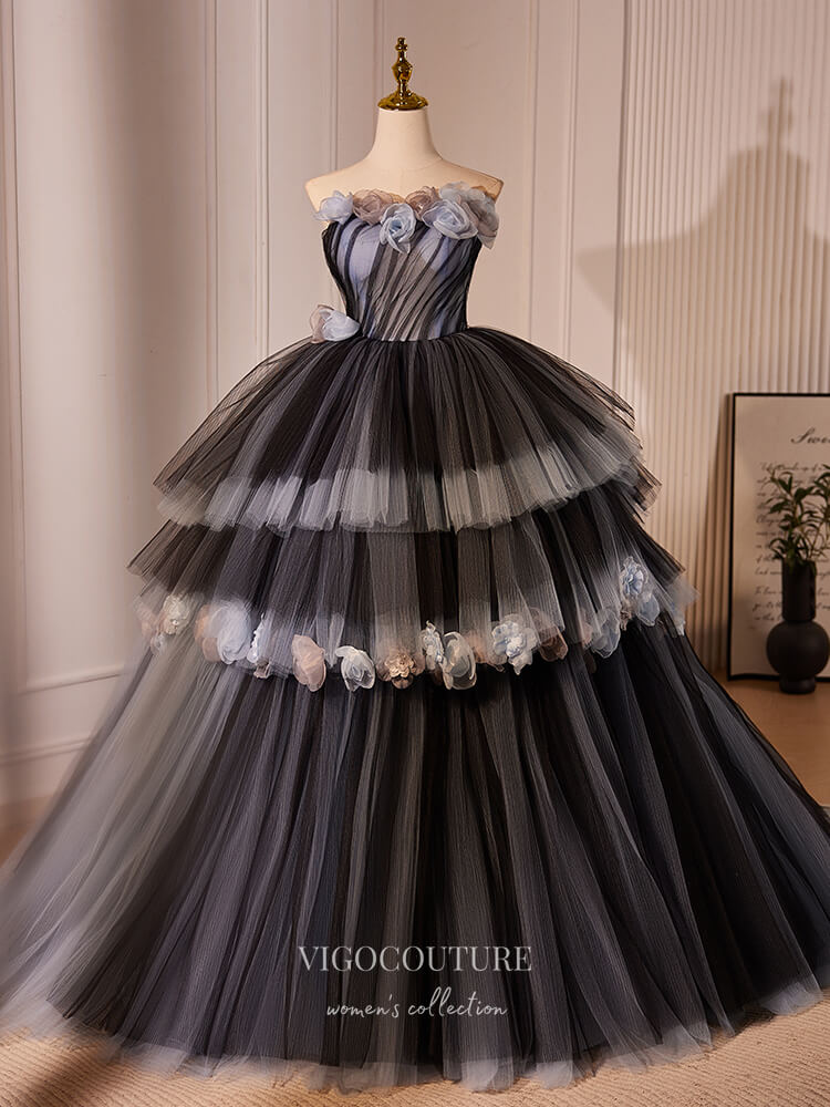 Prom Dress 2025 Black 3D Flower Tiered Prom Dresses Strapless Quinceanera Dress 24397-unique elegant Prom Dresses-Black-Custom Size-vigocouture