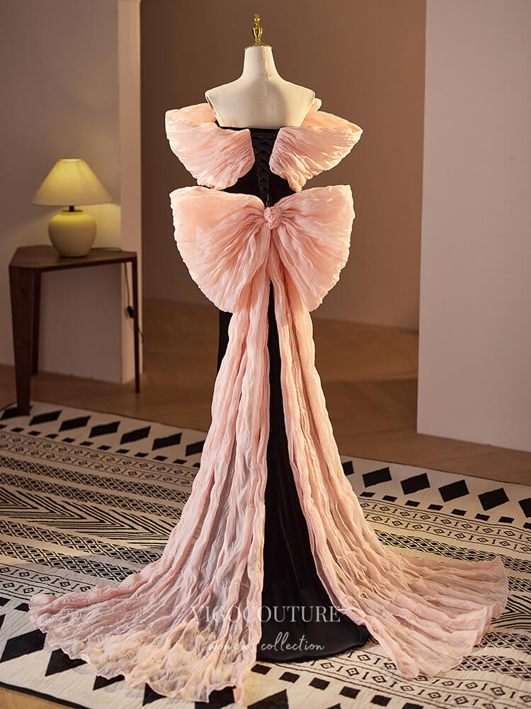 Prom Dress 2025 Black and Pink Bow Tie Velvet Prom Dresses Rosette Mermaid Formal Gown 24393-unique elegant Prom Dresses-Black-Custom Size-vigocouture