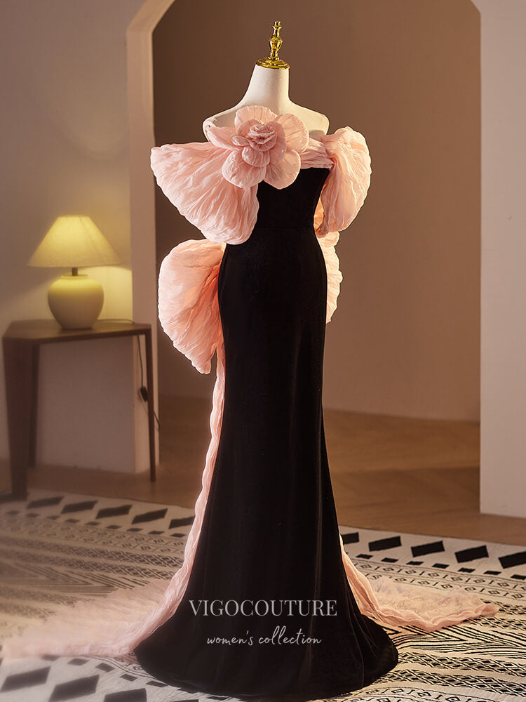 Black and Pink Bow Tie Velvet Prom Dresses Rosette Mermaid Formal Gown 24393 Custom Colors / 18W Black and Pink Bow Tie Velvet Prom Dresses Rosette Mermaid Formal Gown 24393 Custom Colors / 18W