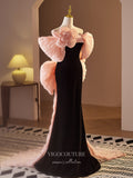 Prom Dress 2025 Black and Pink Bow Tie Velvet Prom Dresses Rosette Mermaid Formal Gown 24393-unique elegant Prom Dresses-Black-Custom Size-vigocouture