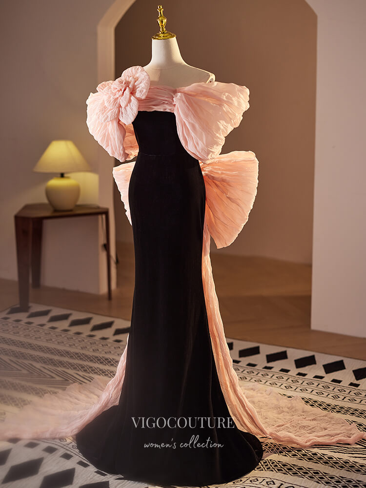 Prom Dress 2025 Black and Pink Bow Tie Velvet Prom Dresses Rosette Mermaid Formal Gown 24393-unique elegant Prom Dresses-Black-Custom Size-vigocouture