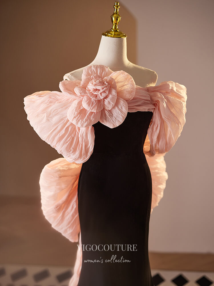 Prom Dress 2025 Black and Pink Bow Tie Velvet Prom Dresses Rosette Mermaid Formal Gown 24393-unique elegant Prom Dresses-Black-Custom Size-vigocouture