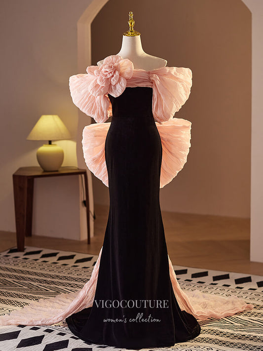 Prom Dress 2025 Black and Pink Bow Tie Velvet Prom Dresses Rosette Mermaid Formal Gown 24393-unique elegant Prom Dresses-Black-Custom Size-vigocouture