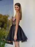 Short Prom Dresses 2025 Black and Pink Dotted Tulle Homecoming Dresses Strapless Sweetheart Graduation Dress hc465-Prom Dresses-vigocouture-vigocouture