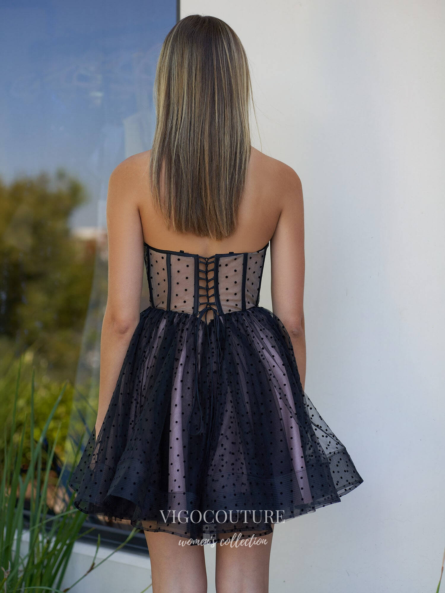 Short Prom Dresses 2025 Black and Pink Dotted Tulle Homecoming Dresses Strapless Sweetheart Graduation Dress hc465-Prom Dresses-vigocouture-vigocouture