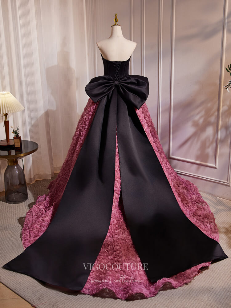 Prom Dress 2025 Black and Pink Rosette Prom Dresses Strapless Bow-Tie Quinceanera Dress 24387-unique elegant Prom Dresses-Pink-Custom Size-vigocouture