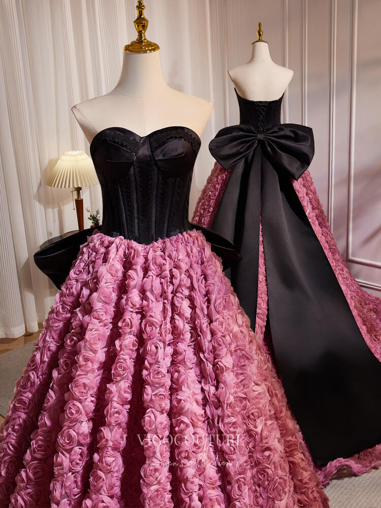 Prom Dress 2025 Black and Pink Rosette Prom Dresses Strapless Bow-Tie Quinceanera Dress 24387-unique elegant Prom Dresses-Pink-Custom Size-vigocouture