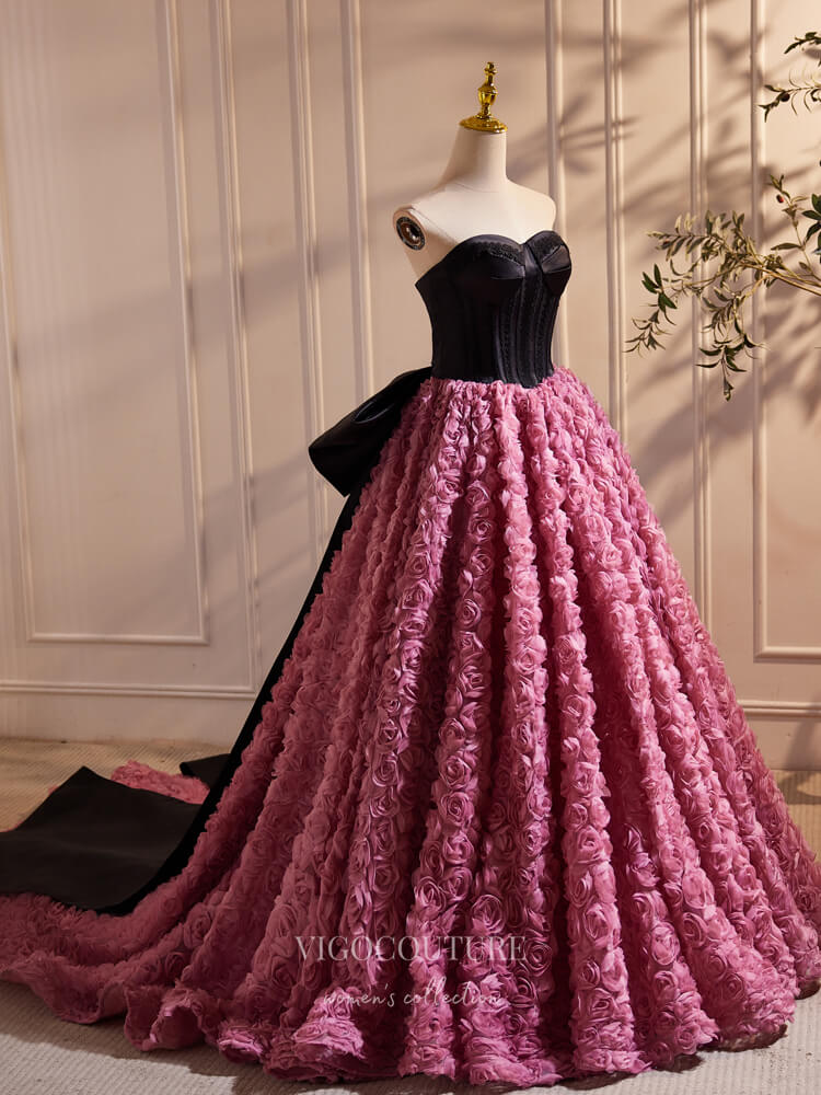 Black and Pink Rosette Prom Dresses Strapless Bow-Tie Quinceanera Dress 24387 Custom Colors / 16W Black and Pink Rosette Prom Dresses Strapless Bow-Tie Quinceanera Dress 24387 Custom Colors / 16W