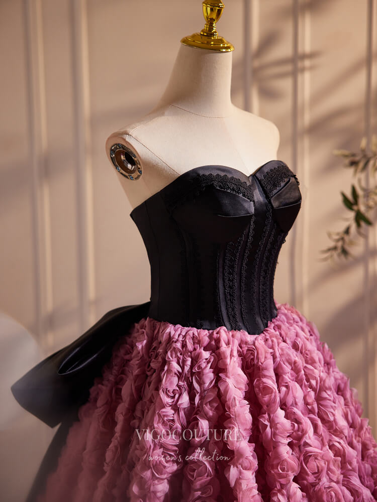 prom dresses pink and black Black and Pink Rosette Prom Dresses Strapless Bow-Tie Quinceanera Dress 24387 Custom Colors / 16W