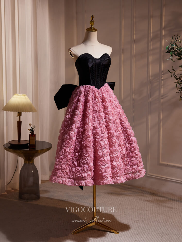 Short Prom Dresses 2025 Black and Pink Rosette Tea-Length Homecoming Dress Bow-Tie Strapless Cocktail Dress hc301-Prom Dresses-vigocouture-vigocouture