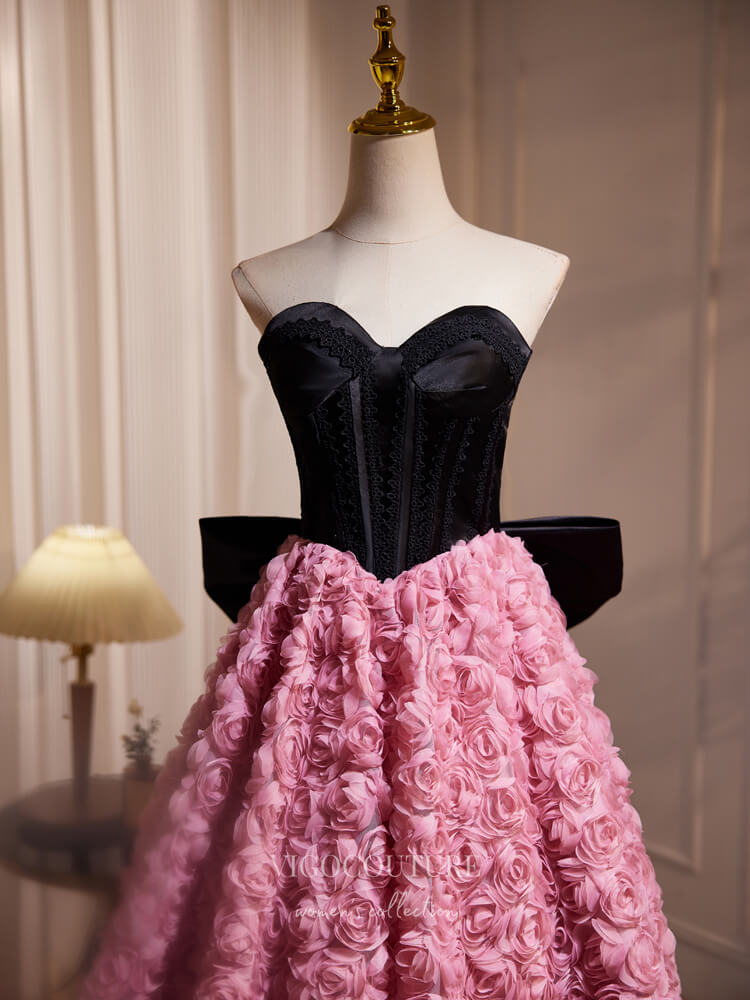 Black and Pink Rosette Tea-Length Homecoming Dress Bow-Tie Strapless C vigocouture Black and Pink Rosette Tea-Length Homecoming Dress Bow-Tie Strapless C vigocouture
