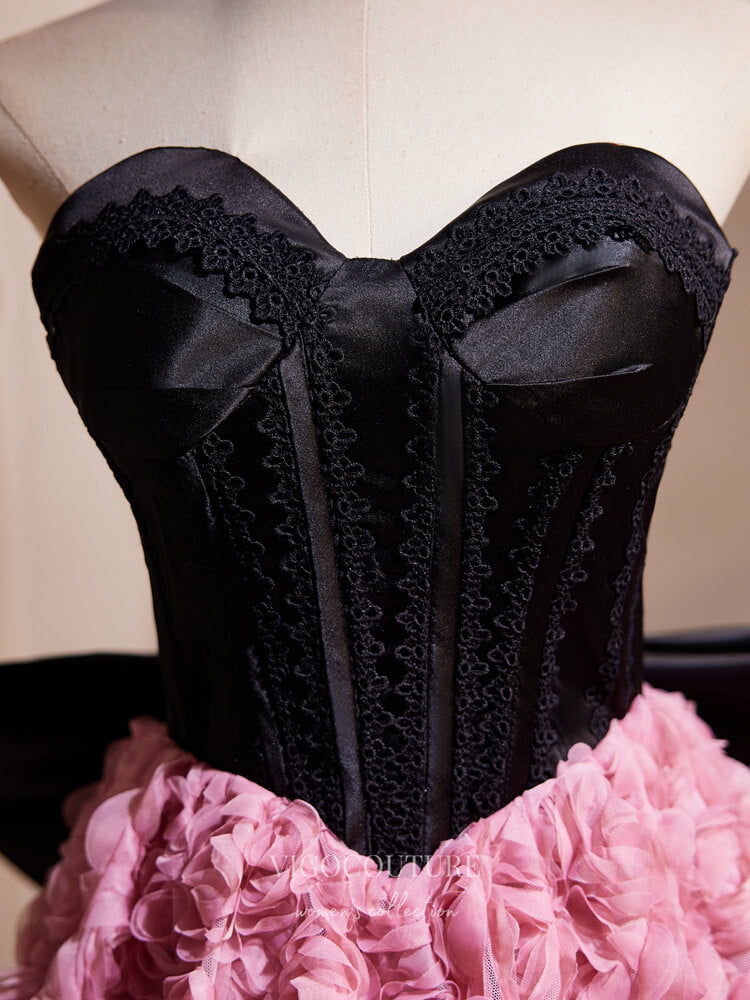 Black and Pink Rosette Tea-Length Homecoming Dress Bow-Tie Strapless C vigocouture Black and Pink Rosette Tea-Length Homecoming Dress Bow-Tie Strapless C vigocouture