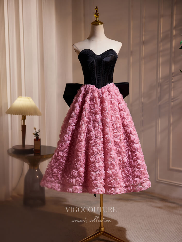 Short Prom Dresses 2025 Black and Pink Rosette Tea-Length Homecoming Dress Bow-Tie Strapless Cocktail Dress hc301-Prom Dresses-vigocouture-Pink-Custom Size-vigocouture