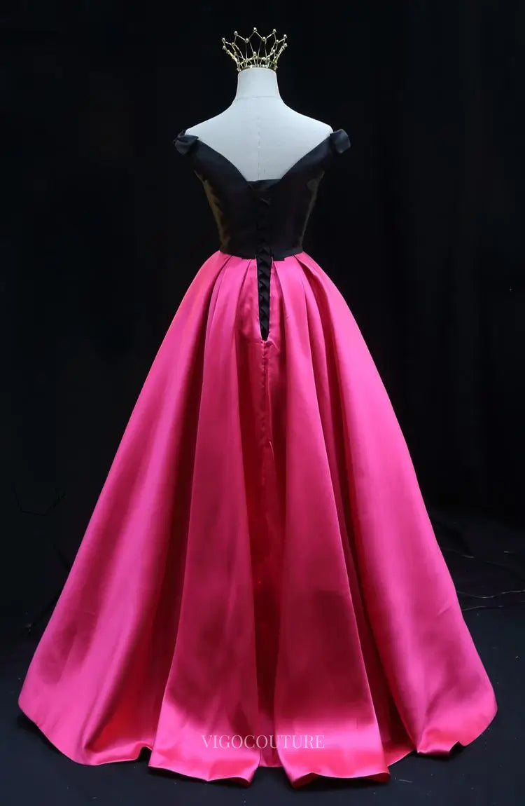 Prom Dresses 2025 to impress Black and Pink Satin Prom Dresses Off the Shoulder Formal Dresses SU083-vigocouture-vigocouture