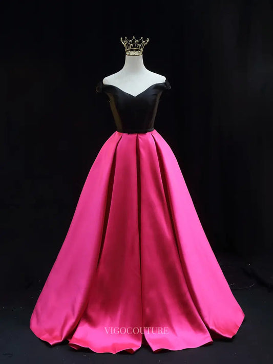 Prom Dresses 2025 to impress Black and Pink Satin Prom Dresses Off the Shoulder Formal Dresses SU083-vigocouture-Pink-Custom Size-vigocouture