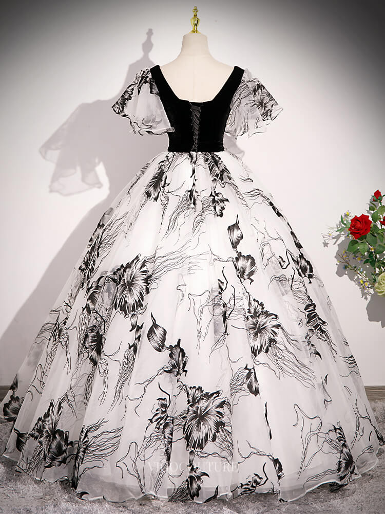Black and White Floral Prom Dresses with Puffed Sleeve, Belt, Velvet B