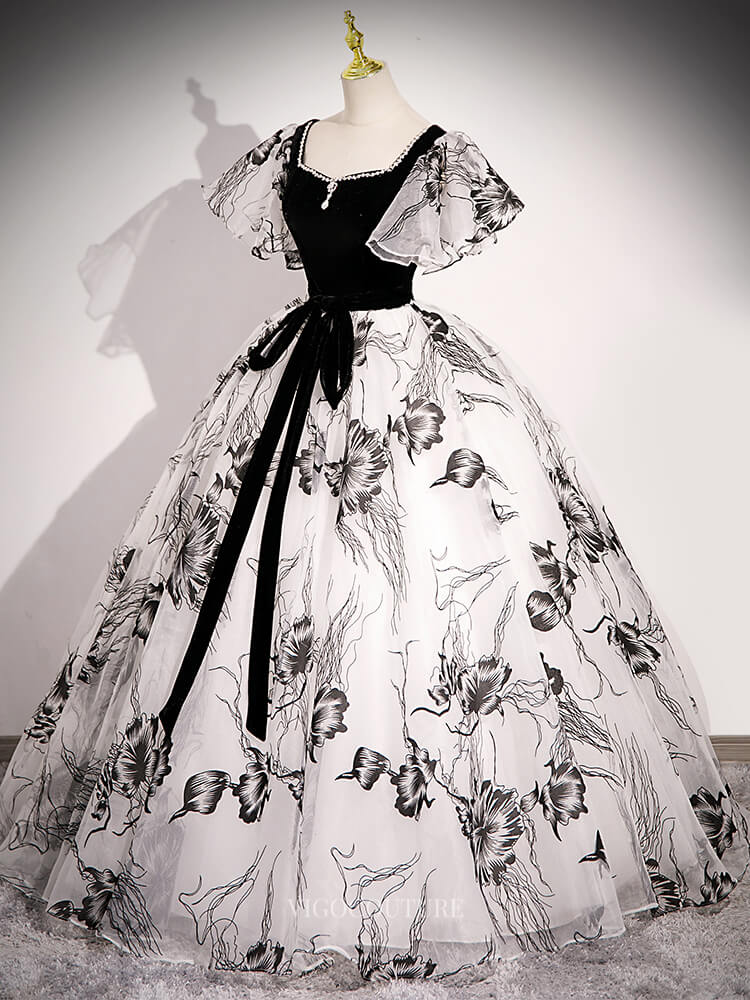 Black and White Floral Prom Dresses with Puffed Sleeve, Belt, Velvet B