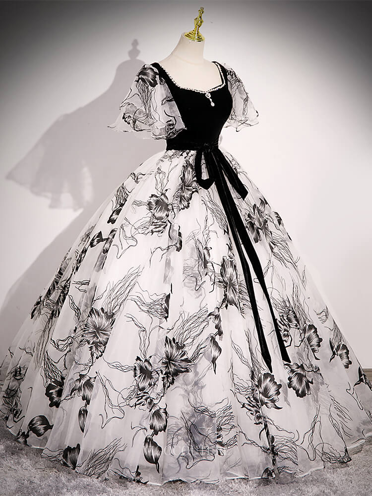 Black and White Floral Prom Dresses with Puffed Sleeve, Belt, Velvet Bodice, Quinceanera Dresses BG050 Black / US12 Black and White Floral Prom Dresses with Puffed Sleeve, Belt, Velvet Bodice, Quinceanera Dresses BG050 Black / US12