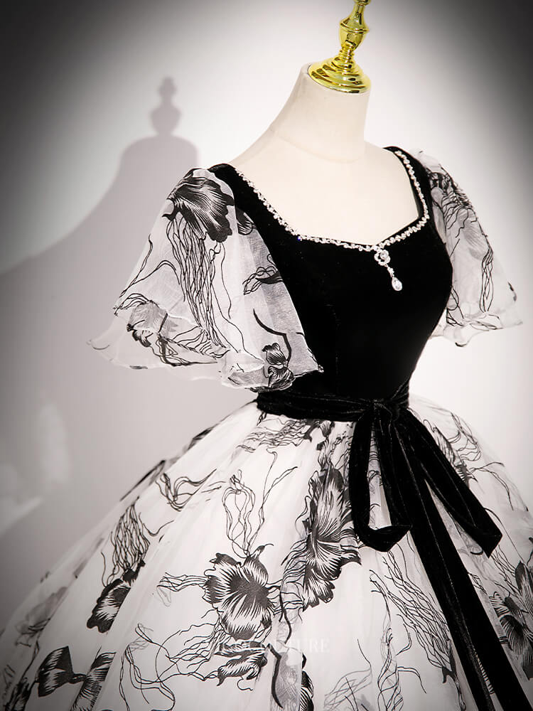 black and white flower prom dress Black Mermaid White Flower Long Sleeve Prom Dress