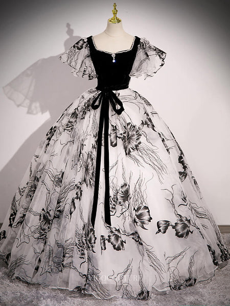 Black and White Floral Prom Dresses with Puffed Sleeve, Belt, Velvet B – vigocouture