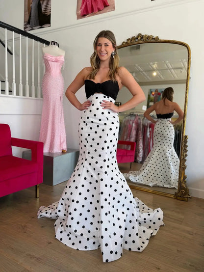 Prom Dresses 2025 to impress Black and White Polka Dot Mermaid Prom Dress with Ruched Rosette Bodice - P26025-vigocouture-vigocouture