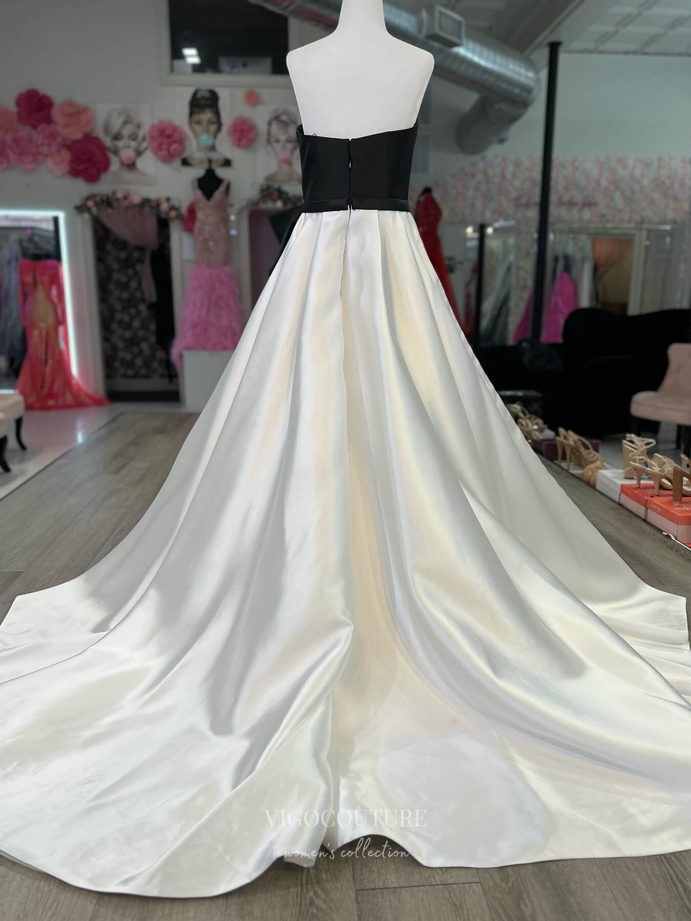 Black and White Satin Bow Prom Dresses 2024 with Slit Strapless Formal vigocouture Black and White Satin Bow Prom Dresses 2024 with Slit Strapless Formal vigocouture