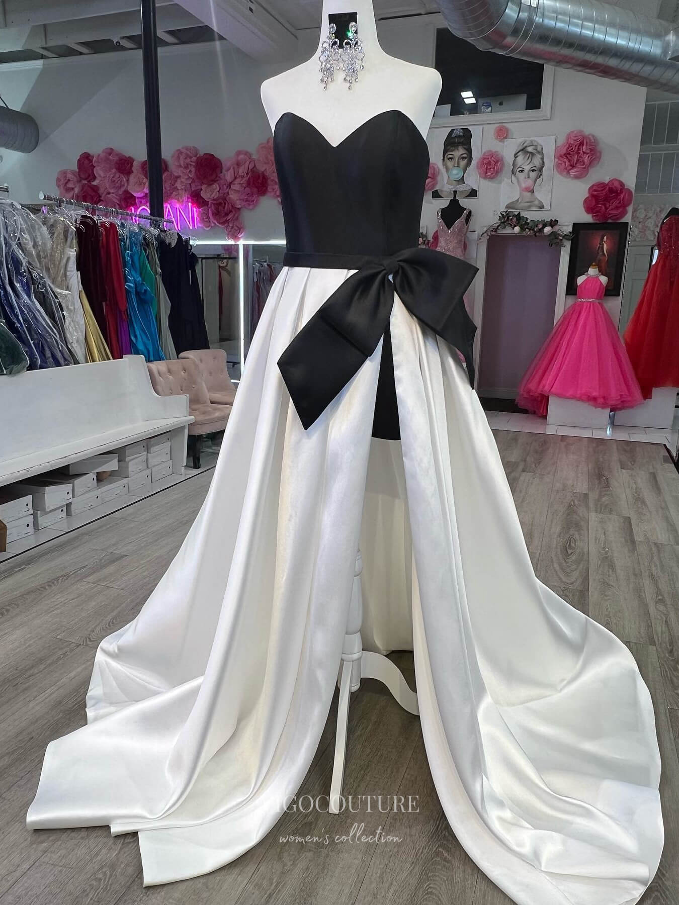 Prom Dress 2025 Black and White Satin Bow Prom Dresses 2024 with Slit Strapless Formal Gown 24244-unique elegant Prom Dresses-Black-Custom Size-vigocouture