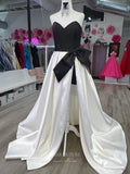 Black and White Satin Bow Prom Dresses 2024 with Slit Strapless Formal Gown 24244