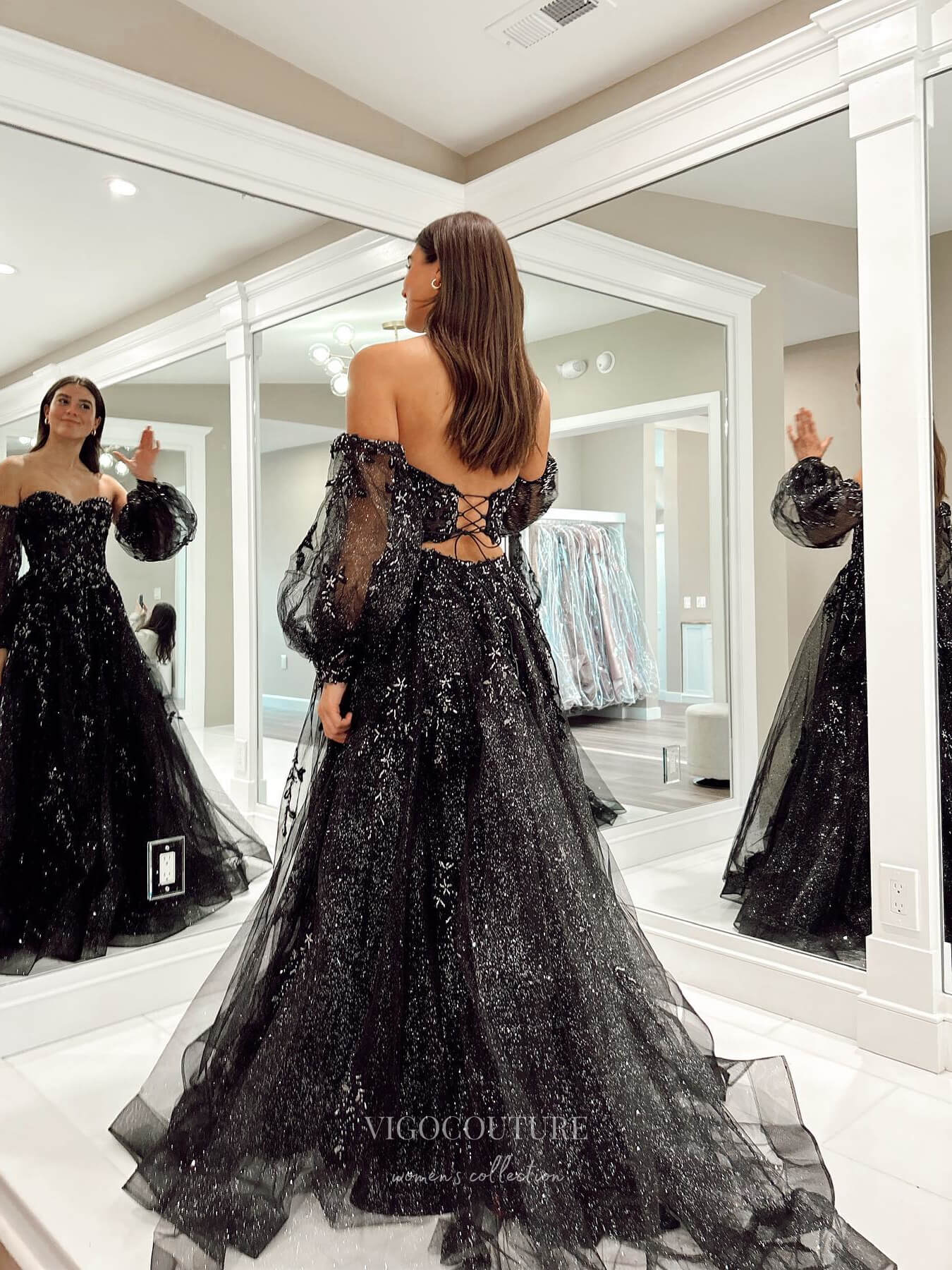 Prom Dress 2025 Black Beaded Lace Shimmering Tulle Prom Dresses Strapless Removable Puffed Sleeve 24125-unique elegant Prom Dresses-Black-Custom Size-vigocouture