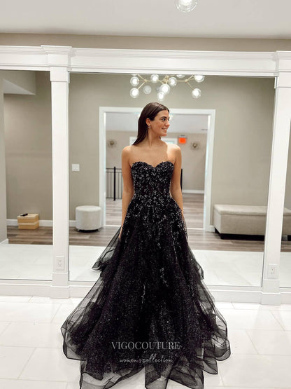 Black Beaded Lace Shimmering Tulle Prom Dresses Strapless Removable Puffed Sleeve 24125 Black / US12 Black Beaded Lace Shimmering Tulle Prom Dresses Strapless Removable Puffed Sleeve 24125 Black / US12