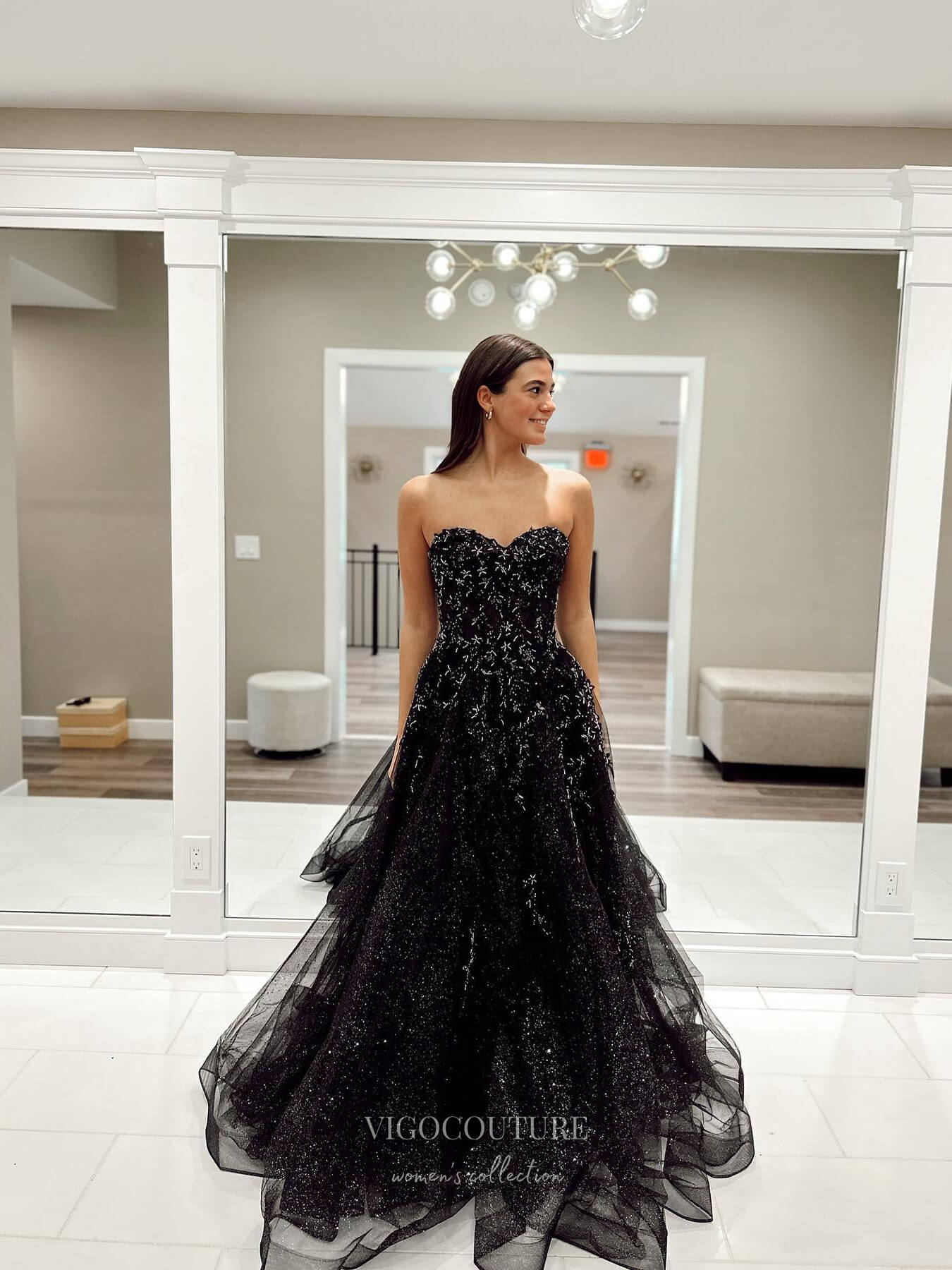 Prom Dress 2025 Black Beaded Lace Shimmering Tulle Prom Dresses Strapless Removable Puffed Sleeve 24125-unique elegant Prom Dresses-Black-Custom Size-vigocouture