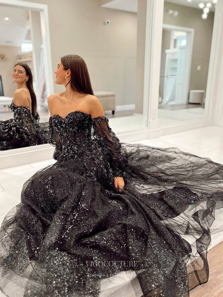 blue dress for baby girl Black Beaded Lace Shimmering Tulle Prom Dresses Strapless Removable Puffed Sleeve 24125 Black / US12