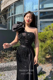 Prom Dress 2025 Black Beaded Mermaid Prom Dress with One Shoulder and Black Satin Train 22254-unique elegant Prom Dresses-Black-US2-vigocouture