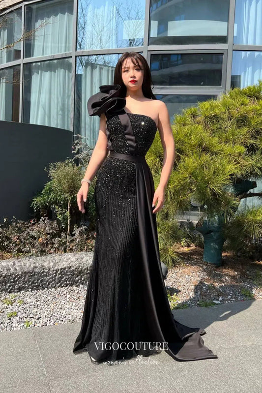 Prom Dress 2025 Black Beaded Mermaid Prom Dress with One Shoulder and Black Satin Train 22254-unique elegant Prom Dresses-Black-US2-vigocouture