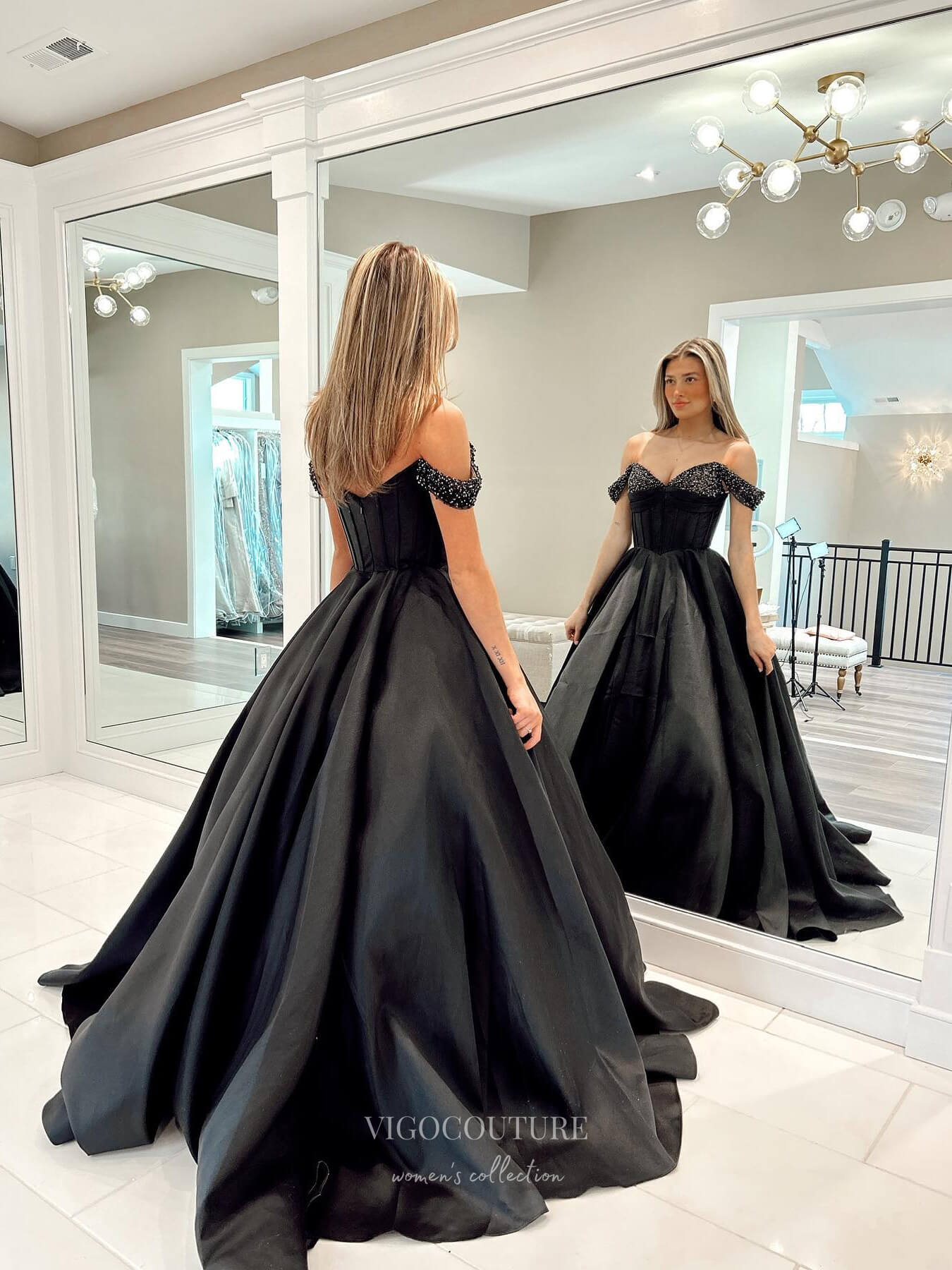 Prom Dress 2025 Black Beaded Off the Shoulder Prom Dresses Boned Bodice Satin Skirt 24126-unique elegant Prom Dresses-Black-Custom Size-vigocouture