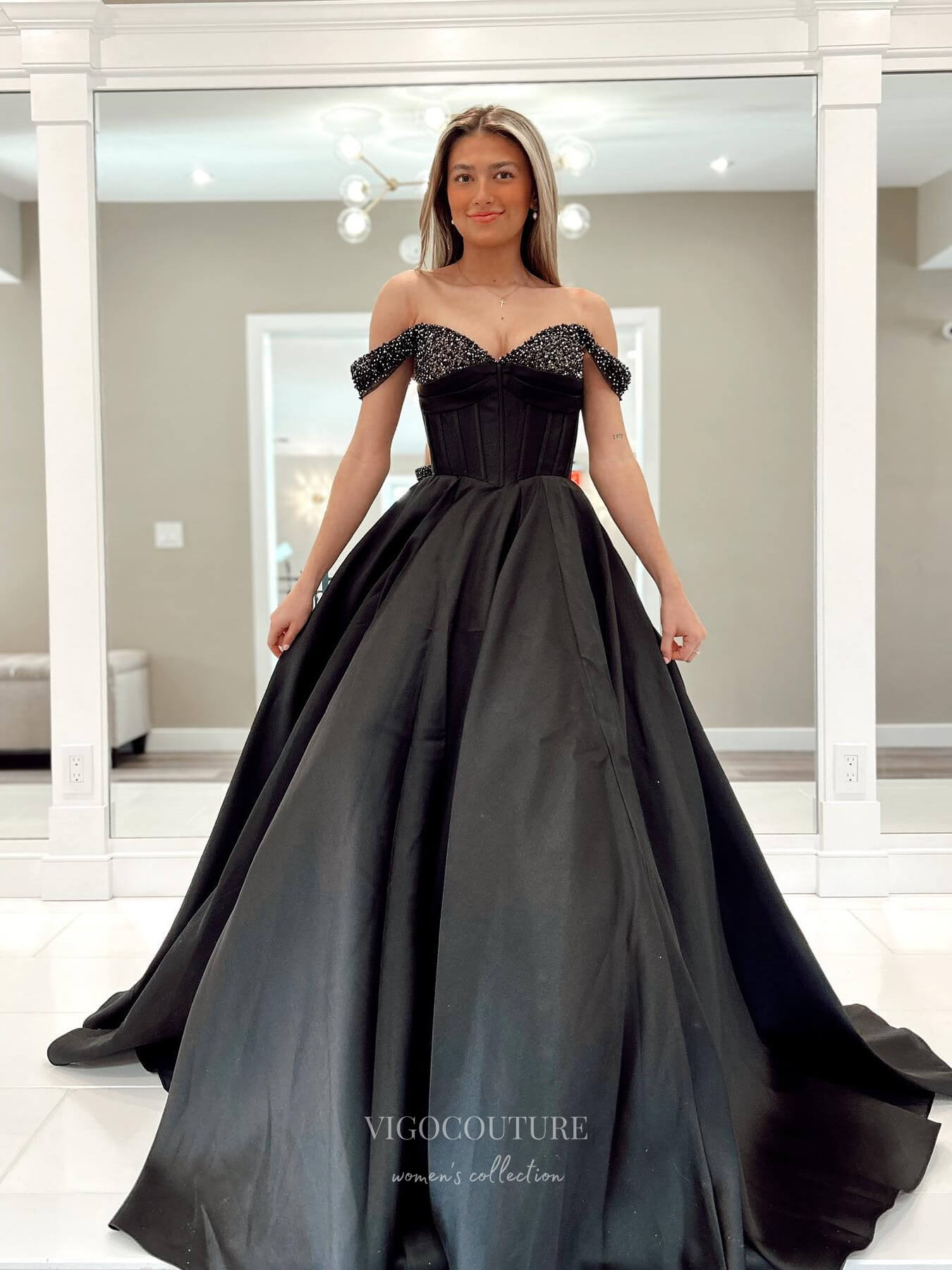 Prom Dress 2025 Black Beaded Off the Shoulder Prom Dresses Boned Bodice Satin Skirt 24126-unique elegant Prom Dresses-Black-Custom Size-vigocouture