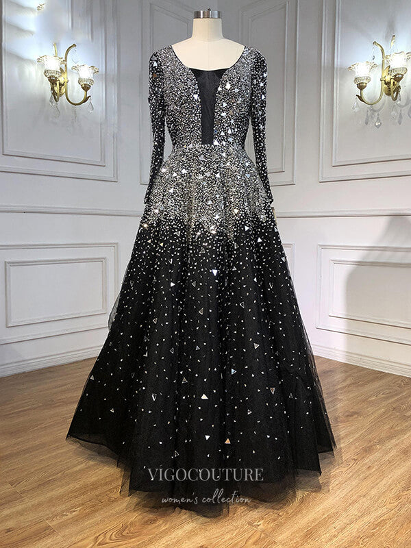 Prom Dress 2025 Black Beaded Prom Dresses Long Sleeve Formal Dresses 21229-unique elegant Prom Dresses-Black-US2-vigocouture