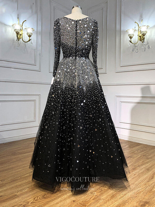 Prom Dress 2025 Black Beaded Prom Dresses Long Sleeve Formal Dresses 21229-unique elegant Prom Dresses-Black-US2-vigocouture