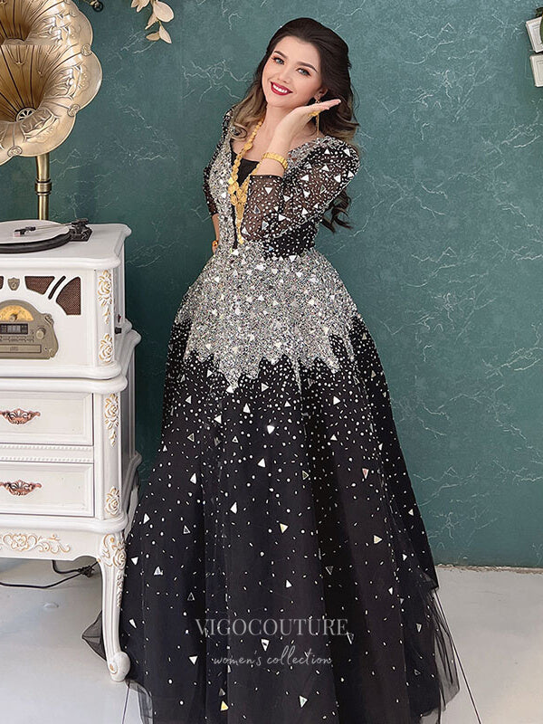 Prom Dress 2025 Black Beaded Prom Dresses Long Sleeve Formal Dresses 21229-unique elegant Prom Dresses-Black-US2-vigocouture