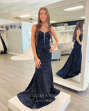 Black Beaded Sequin Prom Dresses Spaghetti Strap Mermaid Evening Dress 21952