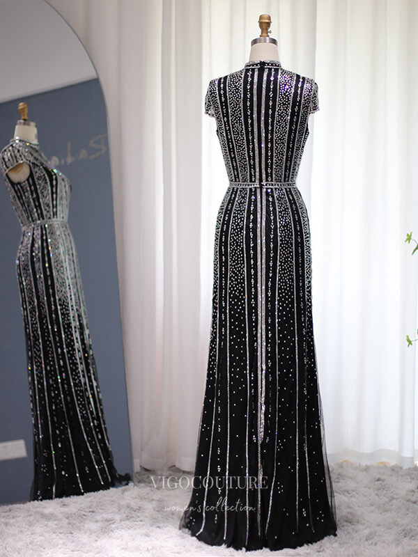 Prom Dress 2025 Black Beaded Sheath Prom Dresses High Neck Cap Sleeve Evening Dress 22164-unique elegant Prom Dresses-Black-US2-vigocouture