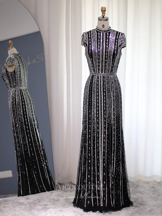 Prom Dress 2025 Black Beaded Sheath Prom Dresses High Neck Cap Sleeve Evening Dress 22164-unique elegant Prom Dresses-Black-US2-vigocouture