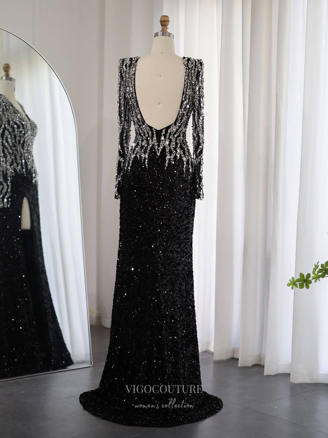 Prom Dress 2025 Black Beaded Sheath Prom Dresses with Slit Long Sleeve Plunging V-Neck 24435-unique elegant Prom Dresses-Black-US2-vigocouture