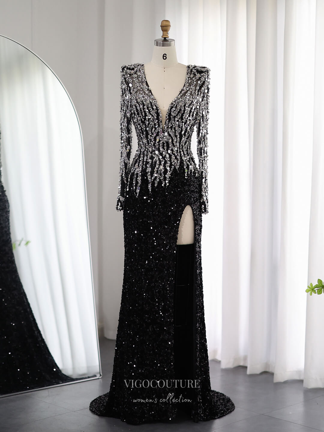 Prom Dress 2025 Black Beaded Sheath Prom Dresses with Slit Long Sleeve Plunging V-Neck 24435-unique elegant Prom Dresses-Black-US2-vigocouture