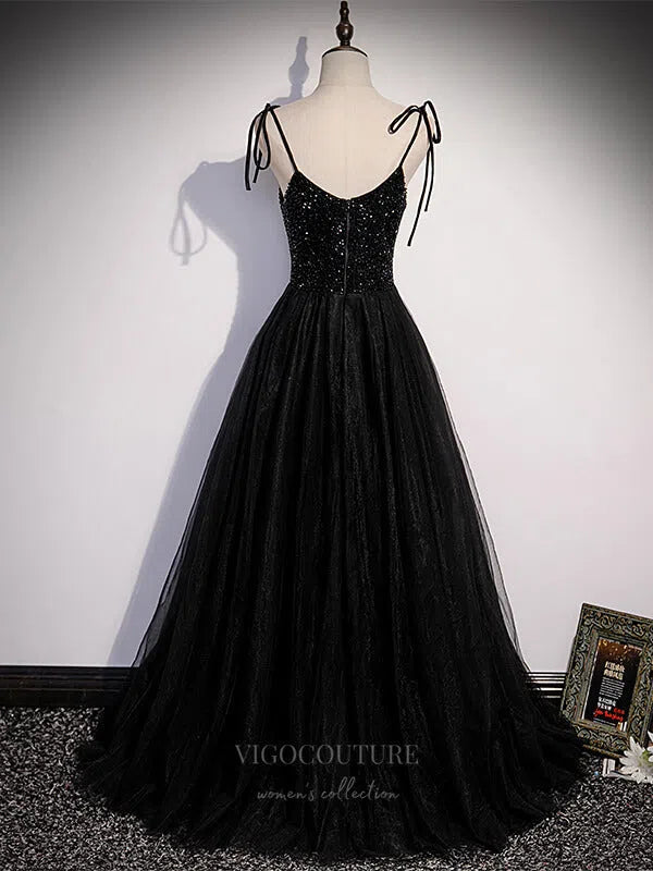 Prom Dress 2025 Black Beaded Spaghetti Strap Prom Dress 20898-unique elegant Prom Dresses-Black-Custom Size-vigocouture