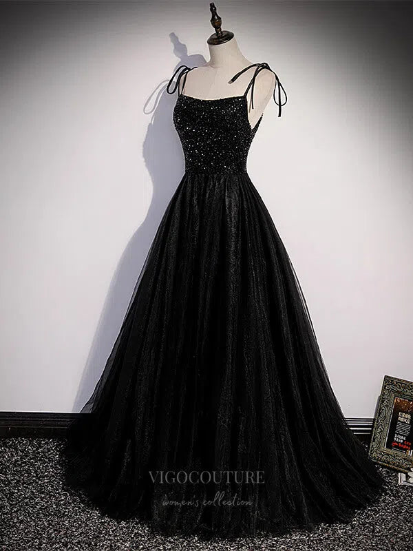 Prom Dress 2025 Black Beaded Spaghetti Strap Prom Dress 20898-unique elegant Prom Dresses-Black-Custom Size-vigocouture