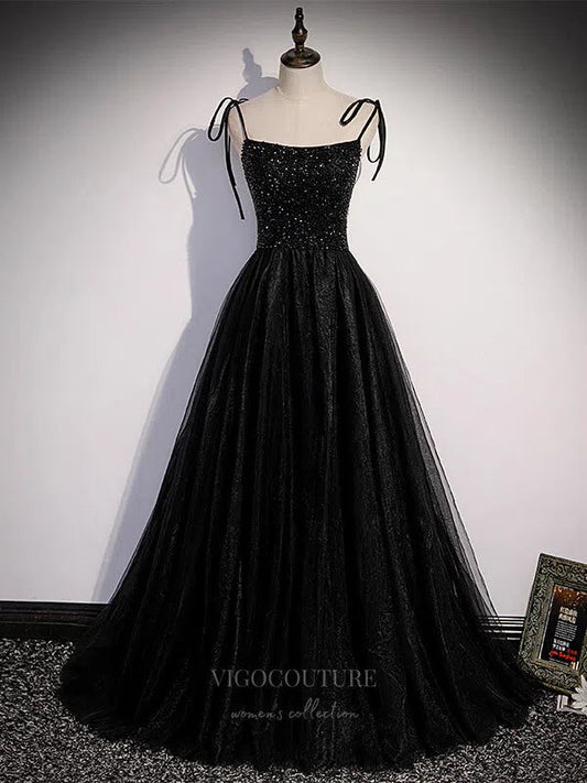 Prom Dress 2025 Black Beaded Spaghetti Strap Prom Dress 20898-unique elegant Prom Dresses-Black-Custom Size-vigocouture