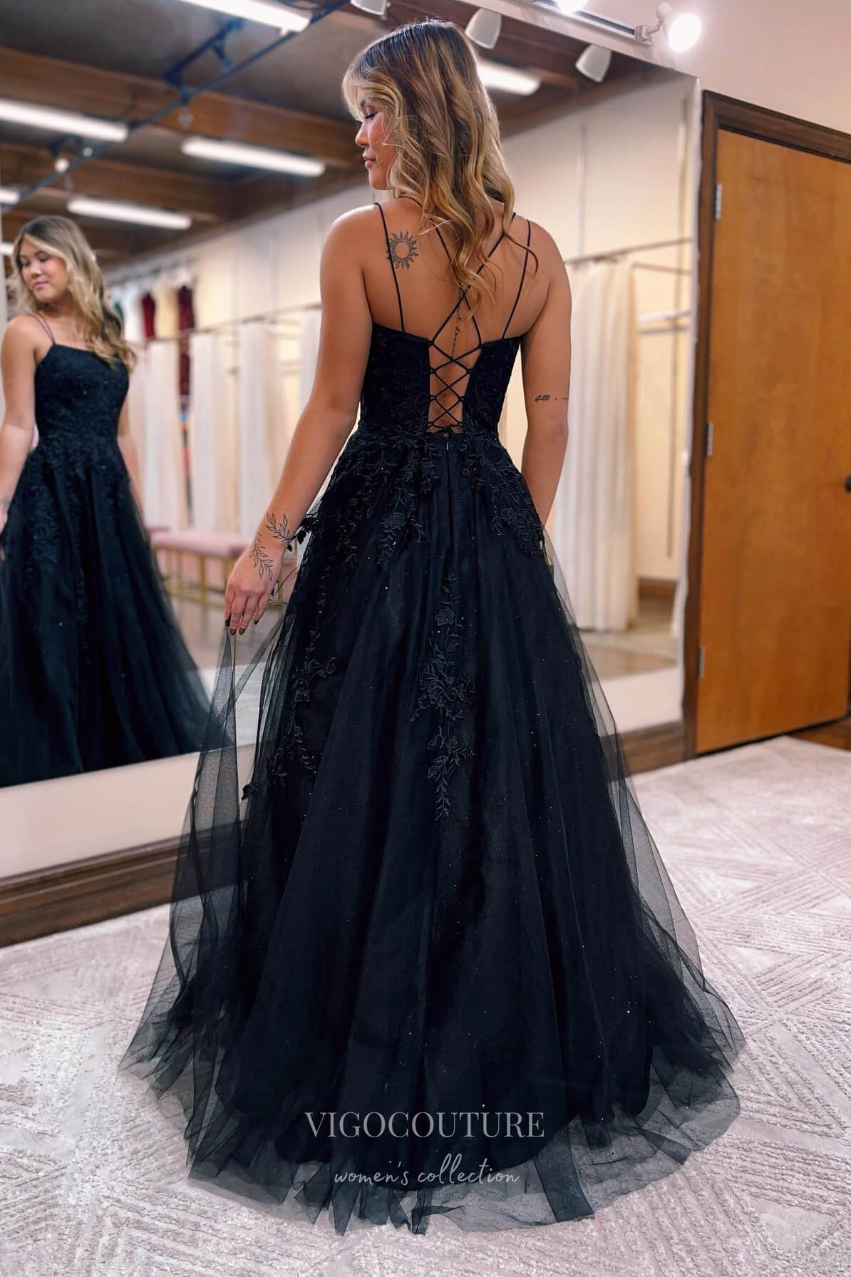 Black Beaded Tulle Lace Applique Prom Dress with Spaghetti Strap 22187 vigocouture Black Beaded Tulle Lace Applique Prom Dress with Spaghetti Strap 22187 vigocouture