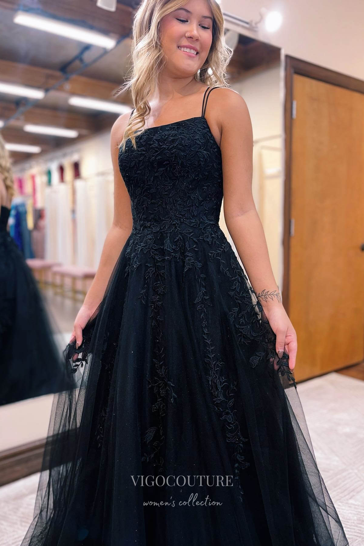 Prom Dress 2025 Black Beaded Tulle Lace Applique Prom Dress with Spaghetti Strap 22187-unique elegant Prom Dresses-Black-Corset Back-Custom Size-vigocouture