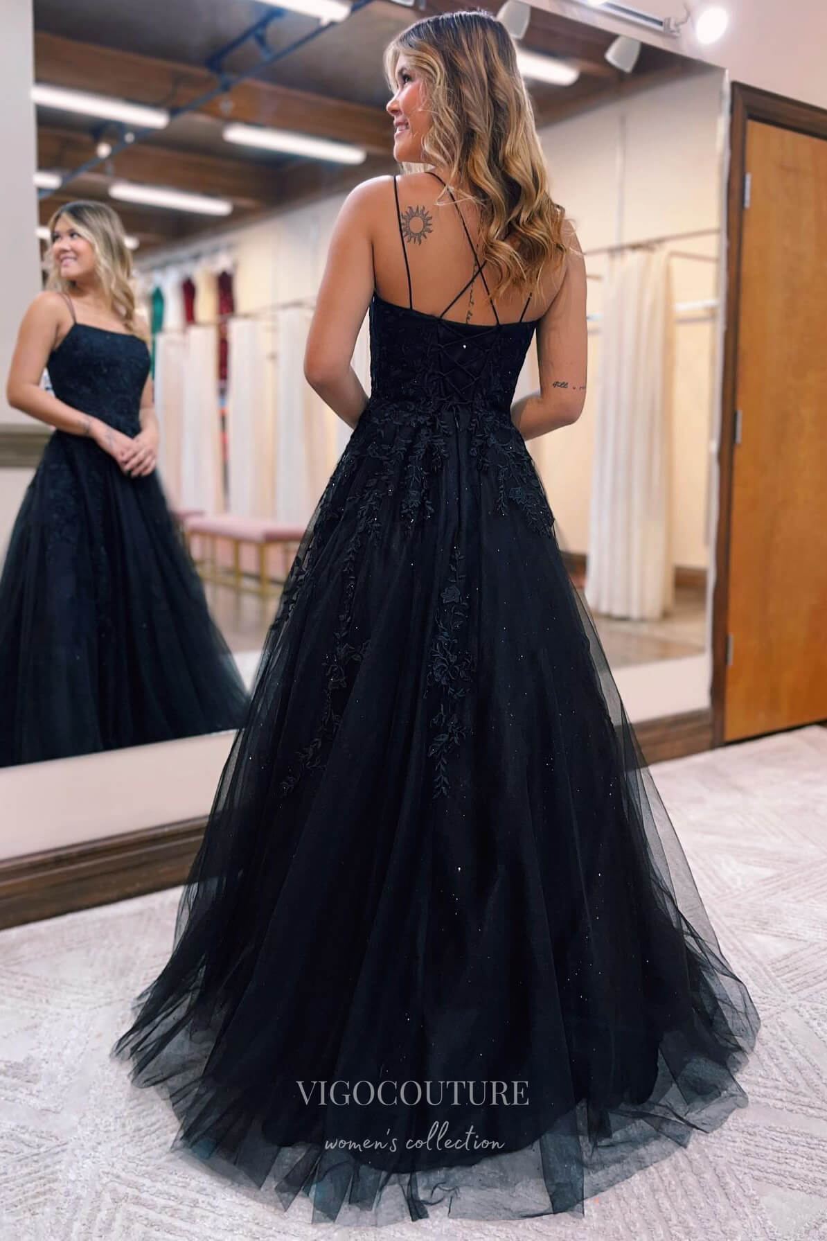 Black Beaded Tulle Lace Applique Prom Dress with Spaghetti Strap 22187 vigocouture Black Beaded Tulle Lace Applique Prom Dress with Spaghetti Strap 22187 vigocouture